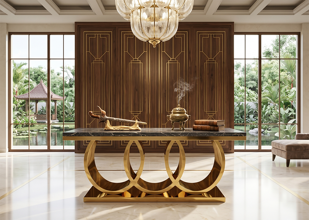 meja kuningan elegan interior hotel